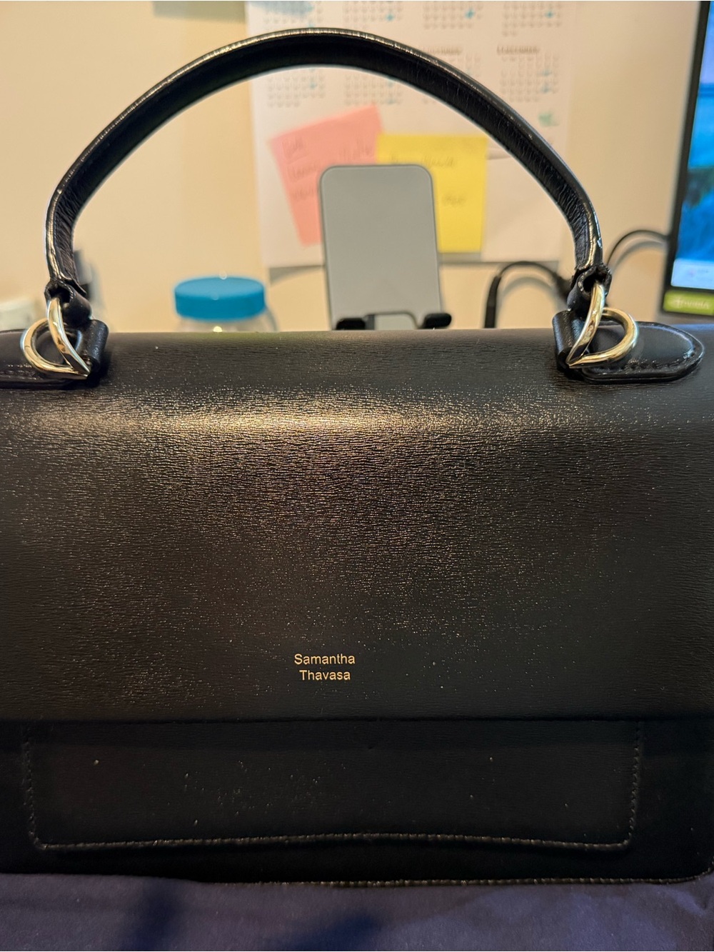 Samantha Thavasa Black Leather Top-Handle Handbag with Gold Accents